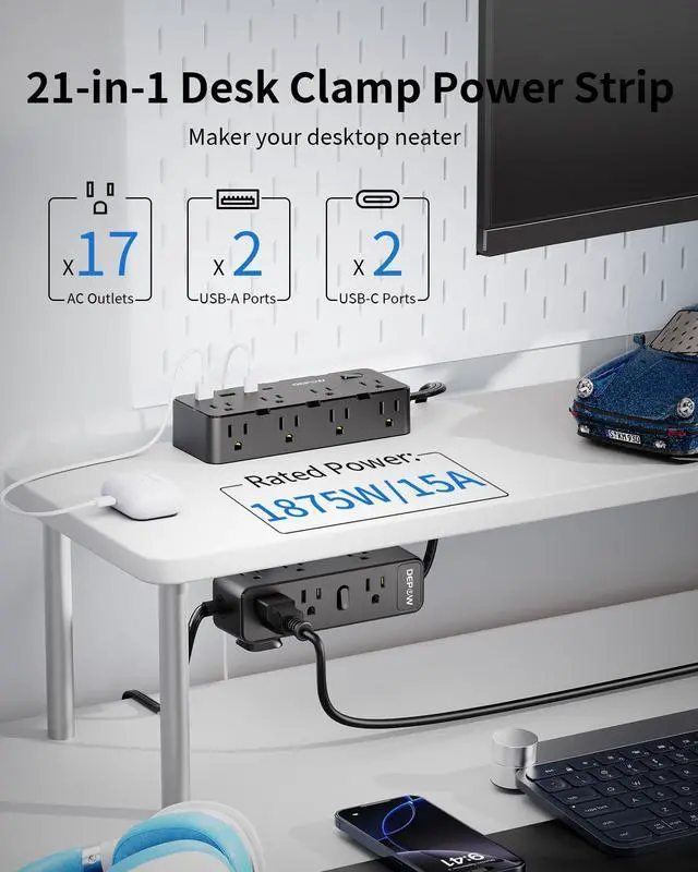 Alt view image 2 of 7 - Dual Layer Desk Clamp Power Strip, 17 Outlets+4 USB, 10Ft Cord, Black | 1700J Surge Protector, 1875/15A, Space-Saving Under Desk Organizer, Charging Station for Office, Home, Workshop, Gaming Setup