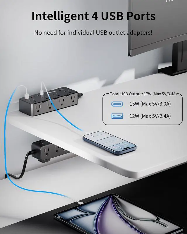 Alt view image 4 of 7 - Dual Layer Desk Clamp Power Strip, 17 Outlets+4 USB, 10Ft Cord, Black | 1700J Surge Protector, 1875/15A, Space-Saving Under Desk Organizer, Charging Station for Office, Home, Workshop, Gaming Setup
