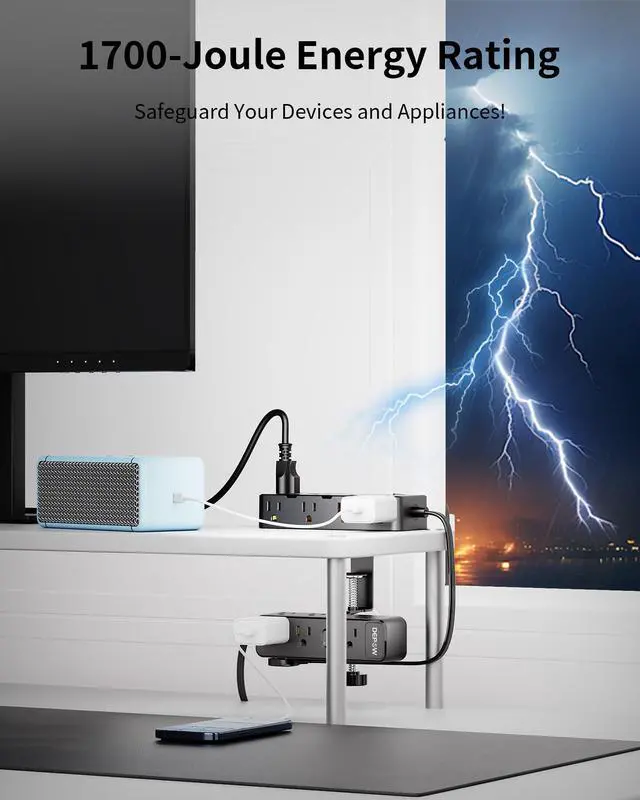 Alt view image 6 of 7 - Dual Layer Desk Clamp Power Strip, 17 Outlets+4 USB, 10Ft Cord, Black | 1700J Surge Protector, 1875/15A, Space-Saving Under Desk Organizer, Charging Station for Office, Home, Workshop, Gaming Setup