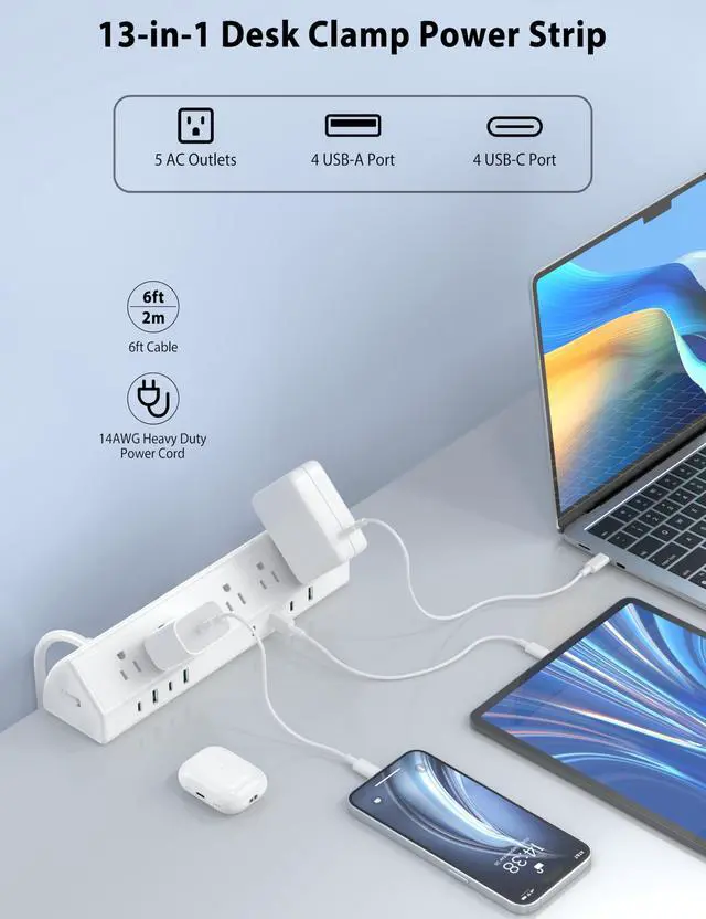 Alt view image 2 of 7 - Desk Clamp Power Strip USB C 45W,1200J Surge Protector