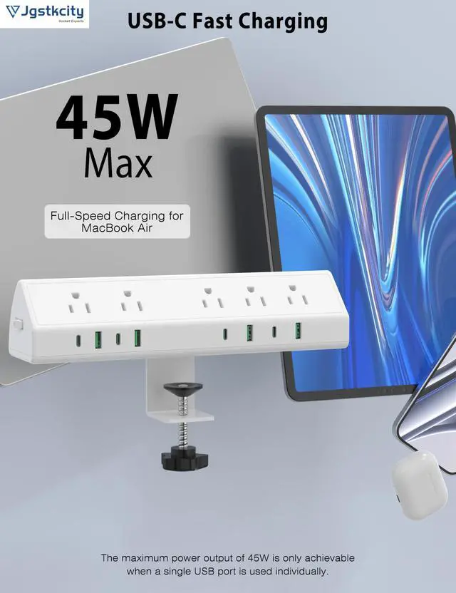 Alt view image 3 of 7 - Desk Clamp Power Strip USB C 45W,1200J Surge Protector