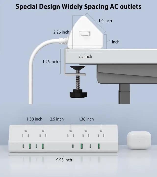 Alt view image 7 of 7 - Desk Clamp Power Strip USB C 45W,1200J Surge Protector