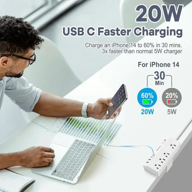 Alt view image 3 of 7 - Desk Clamp Power Strip with USB C,Surge Protector Power Strip