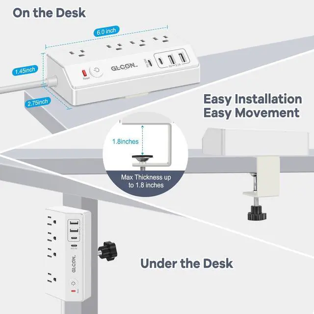 Alt view image 4 of 7 - Desk Clamp Power Strip with USB C,Surge Protector Power Strip