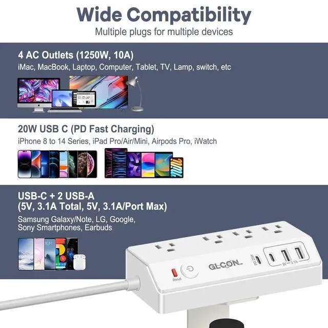 Alt view image 7 of 7 - Desk Clamp Power Strip with USB C,Surge Protector Power Strip