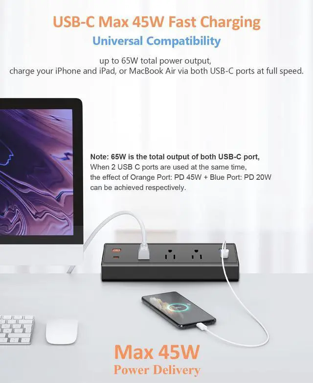 Alt view image 2 of 7 - Desk Clamp Power Strip with USB C,65W Fast Charging Station for iPhone 14 Pro Max iPad MacBook Air,Power Supply for Desk Edge Mount,3 Widely Spaced Outlets Surge Protector,6ft Cord (Black)