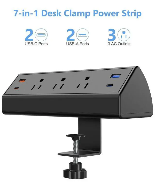 Alt view image 3 of 7 - Desk Clamp Power Strip with USB C,65W Fast Charging Station for iPhone 14 Pro Max iPad MacBook Air,Power Supply for Desk Edge Mount,3 Widely Spaced Outlets Surge Protector,6ft Cord (Black)