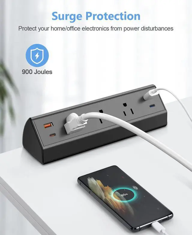 Alt view image 4 of 7 - Desk Clamp Power Strip with USB C,65W Fast Charging Station for iPhone 14 Pro Max iPad MacBook Air,Power Supply for Desk Edge Mount,3 Widely Spaced Outlets Surge Protector,6ft Cord (Black)