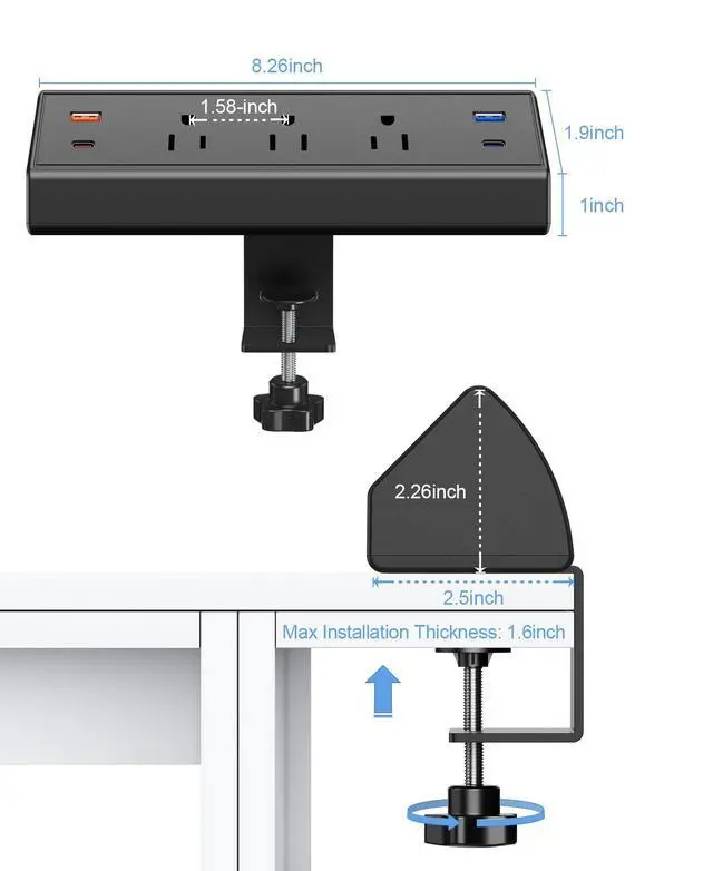 Alt view image 7 of 7 - Desk Clamp Power Strip with USB C,65W Fast Charging Station for iPhone 14 Pro Max iPad MacBook Air,Power Supply for Desk Edge Mount,3 Widely Spaced Outlets Surge Protector,6ft Cord (Black)
