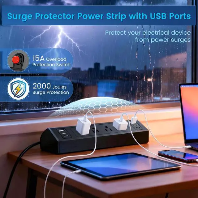 Alt view image 4 of 7 - Desk Clamp Power Strip with 40W Total Fast Charging Station, 4 PD 20W USB C Ports, 4 AC Outlets, 1875W Surge Protectors, 6.5 FT Flat Plug Desk Edge Mount Surge Protector Fit 1.9" Tabletop Edge