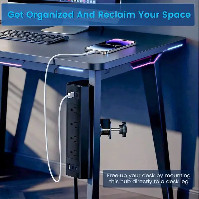 Alt view image 6 of 7 - Desk Clamp Power Strip with 40W Total Fast Charging Station, 4 PD 20W USB C Ports, 4 AC Outlets, 1875W Surge Protectors, 6.5 FT Flat Plug Desk Edge Mount Surge Protector Fit 1.9" Tabletop Edge