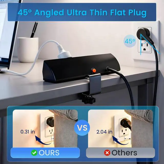 Alt view image 5 of 7 - Desk Clamp Power Strip with 40W Total Fast Charging Station, 4 PD 20W USB C Ports, 4 AC Outlets, 1875W Surge Protectors, 6.5 FT Flat Plug Desk Edge Mount Surge Protector Fit 1.9" Tabletop Edge
