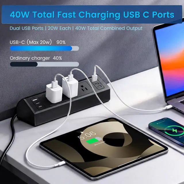Alt view image 3 of 7 - Desk Clamp Power Strip with 40W Total Fast Charging Station, 4 PD 20W USB C Ports, 4 AC Outlets, 1875W Surge Protectors, 6.5 FT Flat Plug Desk Edge Mount Surge Protector Fit 1.9" Tabletop Edge