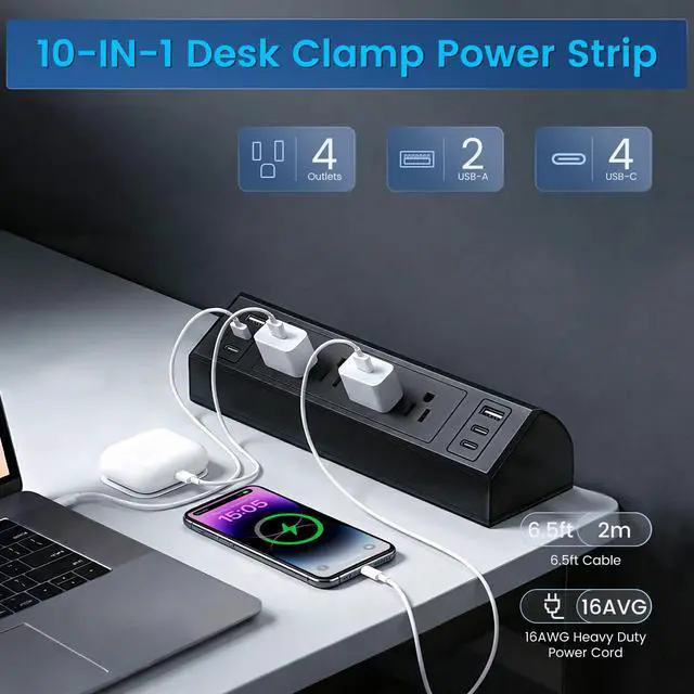 Alt view image 2 of 7 - Desk Clamp Power Strip with 40W Total Fast Charging Station, 4 PD 20W USB C Ports, 4 AC Outlets, 1875W Surge Protectors, 6.5 FT Flat Plug Desk Edge Mount Surge Protector Fit 1.9" Tabletop Edge