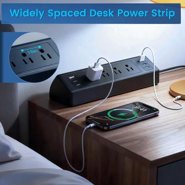 Alt view image 7 of 7 - Desk Clamp Power Strip with 40W Total Fast Charging Station, 4 PD 20W USB C Ports, 4 AC Outlets, 1875W Surge Protectors, 6.5 FT Flat Plug Desk Edge Mount Surge Protector Fit 1.9" Tabletop Edge