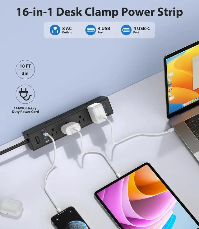 Alt view image 2 of 6 - Desk Clamp Power Strip 40W USB C,8-Outlet,8 USB,10FT,Black