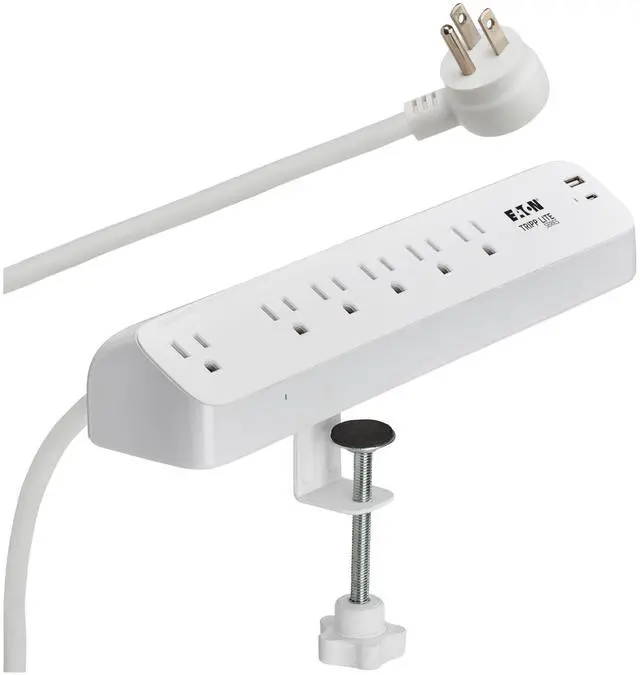 Main image of Eaton Series Desk Clamp Power Strip Surge Protector, 6-Outlets, USB-A & USB-C Charging Ports, 900 Joules, 6ft Flat Extension Cord, Lifetime Manufacturer's Warranty (TLP66UCLAMP)