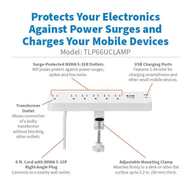 Alt view image 2 of 7 - Eaton Series Desk Clamp Power Strip Surge Protector, 6-Outlets, USB-A & USB-C Charging Ports, 900 Joules, 6ft Flat Extension Cord, Lifetime Manufacturer's Warranty (TLP66UCLAMP)