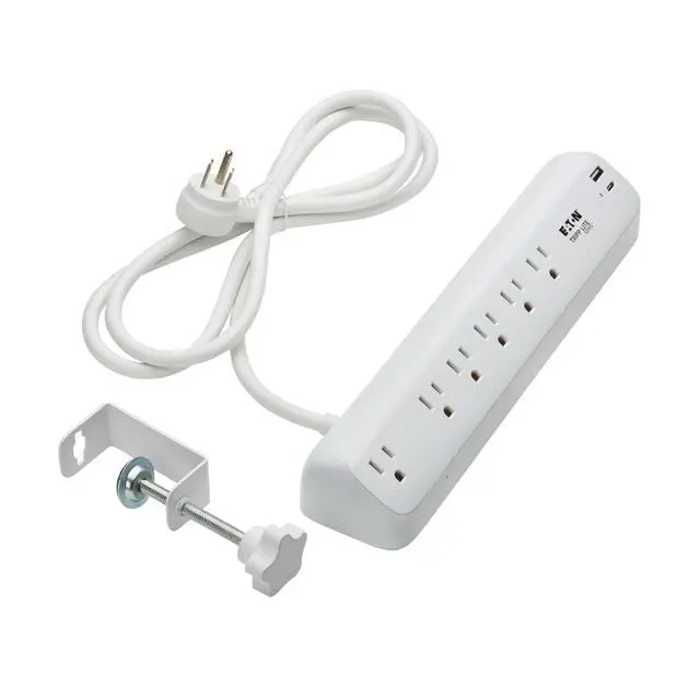 Alt view image 5 of 7 - Eaton Series Desk Clamp Power Strip Surge Protector, 6-Outlets, USB-A & USB-C Charging Ports, 900 Joules, 6ft Flat Extension Cord, Lifetime Manufacturer's Warranty (TLP66UCLAMP)