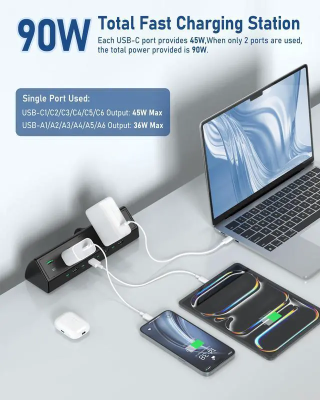 Alt view image 3 of 7 - 90W Desk Clamp Power Strip,12 USB Ports (6 PD 45W USB-C),Surge Protector,ETL Listed Power Hub Extension Cord,Fast Charging Station for Home Office Desk Edge Mount (Black,12 USB-90W)