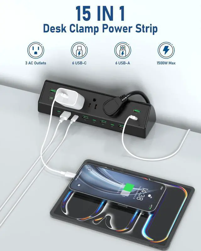 Alt view image 5 of 7 - 90W Desk Clamp Power Strip,12 USB Ports (6 PD 45W USB-C),Surge Protector,ETL Listed Power Hub Extension Cord,Fast Charging Station for Home Office Desk Edge Mount (Black,12 USB-90W)