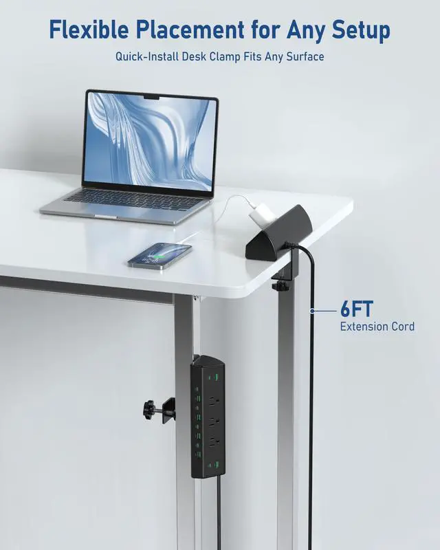 Alt view image 4 of 7 - 90W Desk Clamp Power Strip,12 USB Ports (6 PD 45W USB-C),Surge Protector,ETL Listed Power Hub Extension Cord,Fast Charging Station for Home Office Desk Edge Mount (Black,12 USB-90W)
