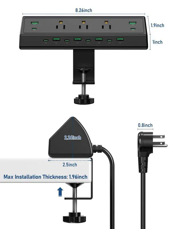Alt view image 7 of 7 - 90W Desk Clamp Power Strip,12 USB Ports (6 PD 45W USB-C),Surge Protector,ETL Listed Power Hub Extension Cord,Fast Charging Station for Home Office Desk Edge Mount (Black,12 USB-90W)