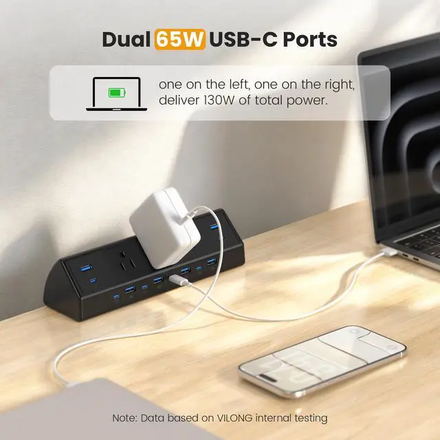 Alt view image 2 of 7 - Desk Clamp Power Strip, 130W Total Fast Charging Station,Black