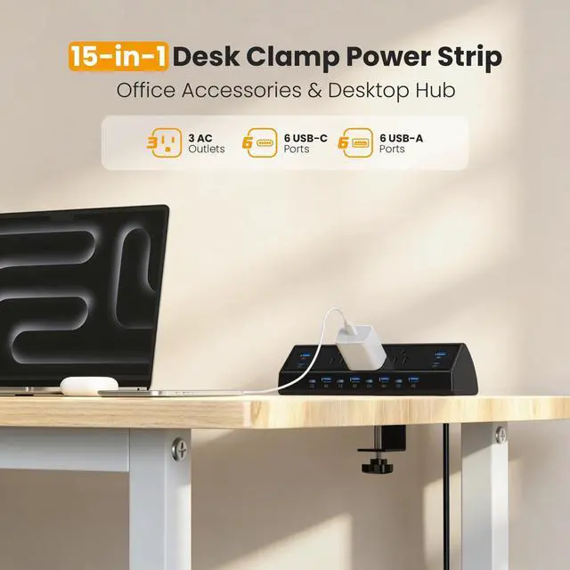 Alt view image 3 of 7 - Desk Clamp Power Strip, 130W Total Fast Charging Station,Black