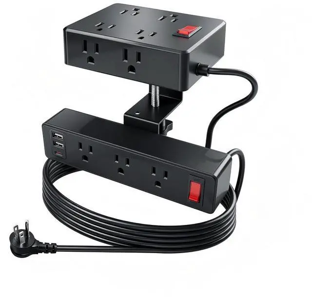 Main image of Dual Layer Desk Clamp Power Strip Surge Protector, 14 Outlets & 7 USB Ports (2 USB-C), Desktop Edge Mount Charging Station, 1700J, 10Ft Extension Cord for Home Office