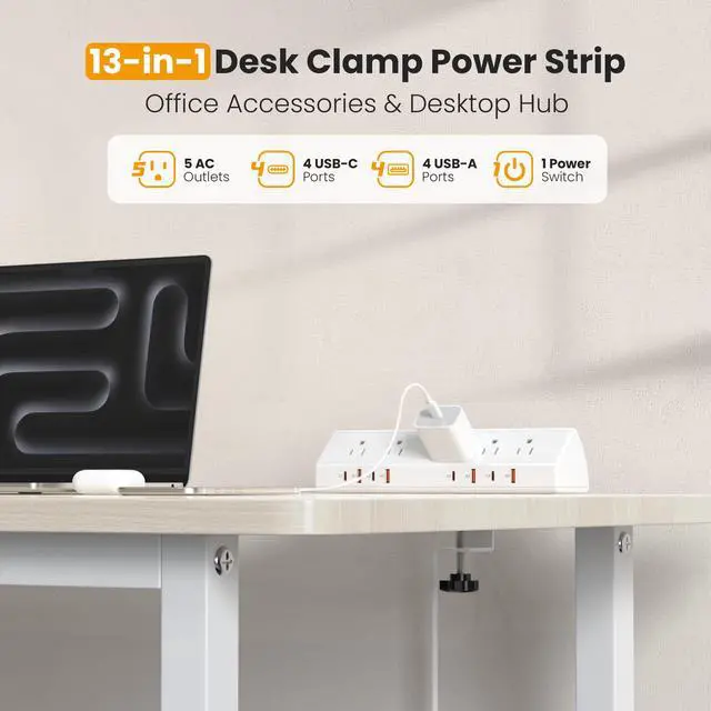 Alt view image 3 of 7 - Desk Clamp Power Strip USB C 65W,Edge Mount Outlet,6FT,White