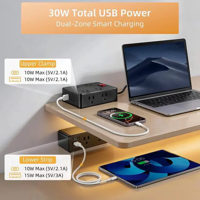 Alt view image 3 of 7 - Dual Layer Desk Clamp Power Strip Surge Protector, 14 Outlets & 7 USB Ports (2 USB-C), Desktop Edge Mount Charging Station, 1700J, 10Ft Extension Cord for Home Office