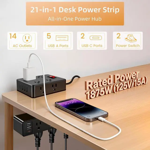 Alt view image 2 of 7 - Dual Layer Desk Clamp Power Strip Surge Protector, 14 Outlets & 7 USB Ports (2 USB-C), Desktop Edge Mount Charging Station, 1700J, 10Ft Extension Cord for Home Office