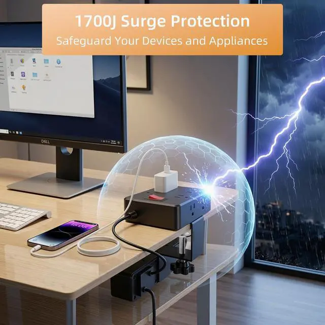 Alt view image 4 of 7 - Dual Layer Desk Clamp Power Strip Surge Protector, 14 Outlets & 7 USB Ports (2 USB-C), Desktop Edge Mount Charging Station, 1700J, 10Ft Extension Cord for Home Office