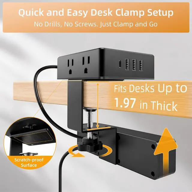 Alt view image 5 of 7 - Dual Layer Desk Clamp Power Strip Surge Protector, 14 Outlets & 7 USB Ports (2 USB-C), Desktop Edge Mount Charging Station, 1700J, 10Ft Extension Cord for Home Office