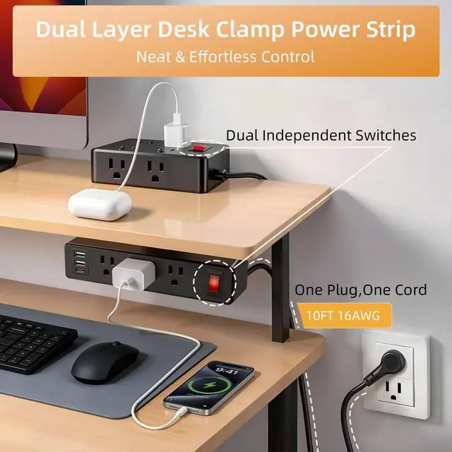 Alt view image 6 of 7 - Dual Layer Desk Clamp Power Strip Surge Protector, 14 Outlets & 7 USB Ports (2 USB-C), Desktop Edge Mount Charging Station, 1700J, 10Ft Extension Cord for Home Office