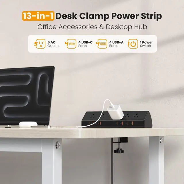 Alt view image 3 of 7 - Desk Clamp Power Strip USB C 65W,Edge Mount Outlet,6FT,Black