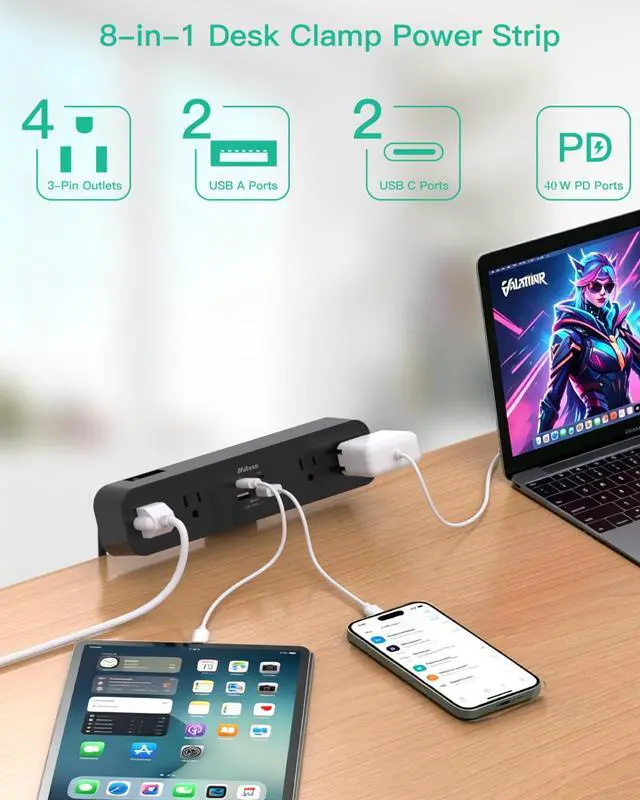 Alt view image 2 of 7 - PD 40W USB C Desk Clamp Power Strip, 8-in-1 Desktop Mount Surge Protector with 4 AC Outlets 2 USB-C & 2 USB-A Ports, Fast Charging Station, 5Ft Extension Cord, Desk Edge Mount for Home Office, Black
