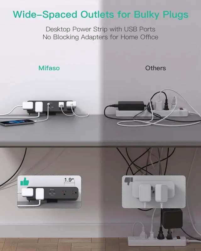 Alt view image 4 of 7 - PD 40W USB C Desk Clamp Power Strip, 8-in-1 Desktop Mount Surge Protector with 4 AC Outlets 2 USB-C & 2 USB-A Ports, Fast Charging Station, 5Ft Extension Cord, Desk Edge Mount for Home Office, Black