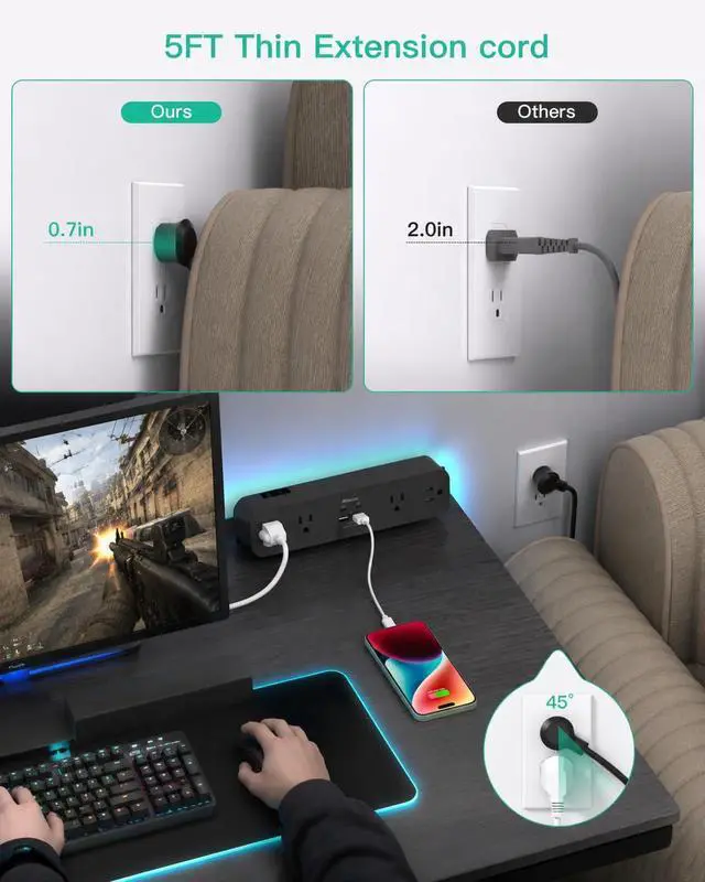 Alt view image 5 of 7 - PD 40W USB C Desk Clamp Power Strip, 8-in-1 Desktop Mount Surge Protector with 4 AC Outlets 2 USB-C & 2 USB-A Ports, Fast Charging Station, 5Ft Extension Cord, Desk Edge Mount for Home Office, Black