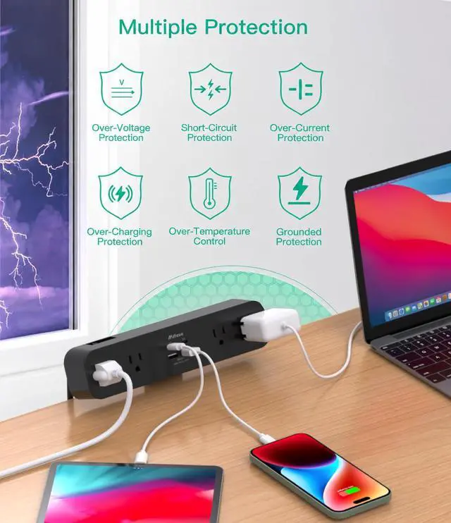 Alt view image 6 of 7 - PD 40W USB C Desk Clamp Power Strip, 8-in-1 Desktop Mount Surge Protector with 4 AC Outlets 2 USB-C & 2 USB-A Ports, Fast Charging Station, 5Ft Extension Cord, Desk Edge Mount for Home Office, Black