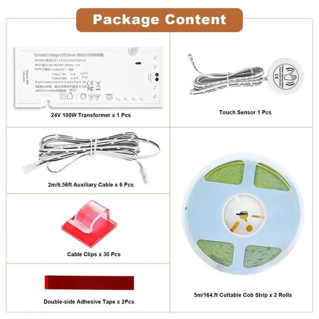 Alt view image 3 of 7 - Under Cabinet Led Light Strip kit,2 Roll x 16.4ft Cuttable 3000K COB,Diffused Power with 8 JST & 2 Hardwired Outlets,Touch Sensor for Curio Cabinet,Book Shelf,Wardore,Wine Rack Panel