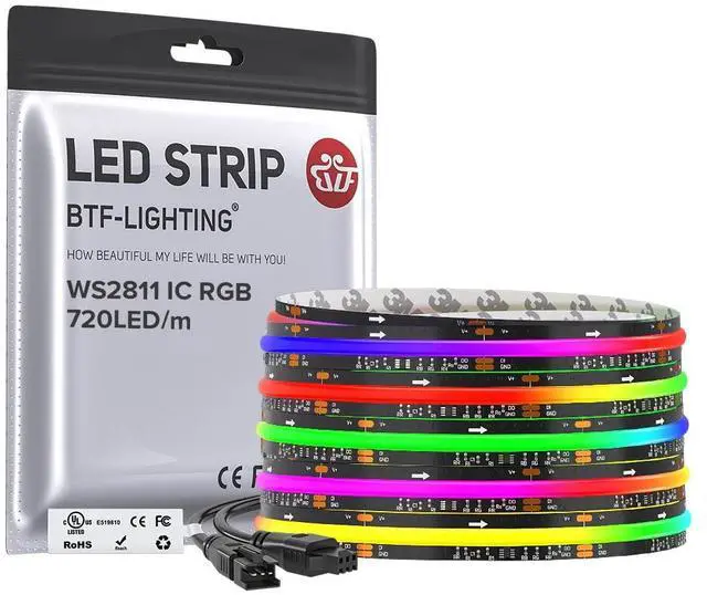 Main image of 16.4FT WS2811 Smart IC RGB DC12V FCOB COB LED Strip Light | UL Listed 720LEDs/m High Density Color Chasing Light 12mm Width Black PCB for Home DIY Lighting(No Adapter or Controller)