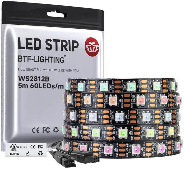 Main image of WS2812B IC RGB LED Strip,UL Listed,Pure Gold Wires,DC5V 16.4FT 300LED 5050SMD,Individually Addressable,Flexible for DIY Chasing Full Color Project,3M Tape,IP30(No Adapter or Controller)