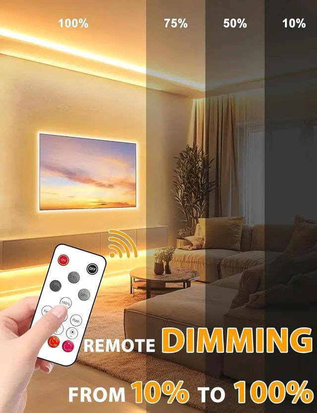 Alt view image 2 of 7 - COB LED Strip Lights 32.8Ft, Warm White Dimmable Self-Adhesive Led Rope Light with Remote, Flexible Cuttable Waterproof 3000K Silicone Neon Tape Light for Bedroom, Indoor, Cabinet, 10mm Width