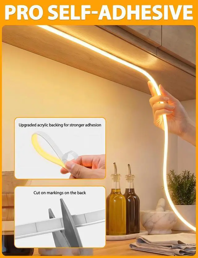 Alt view image 4 of 7 - COB LED Strip Lights 32.8Ft, Warm White Dimmable Self-Adhesive Led Rope Light with Remote, Flexible Cuttable Waterproof 3000K Silicone Neon Tape Light for Bedroom, Indoor, Cabinet, 10mm Width