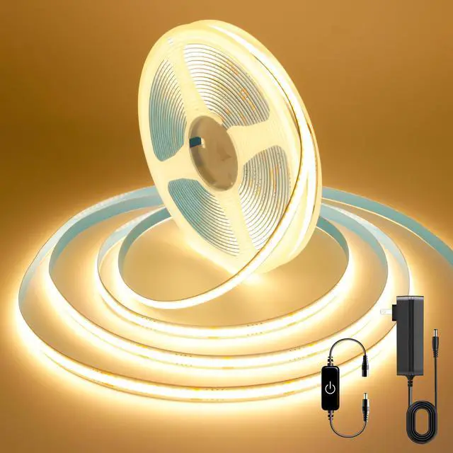 Main image of COB LED Strip, 16.4ft Warm White COB LED Strip Light, Dimmable LED Light Strip 2700K, CRI92+, 8mm Width, 24V Flexible LED Tape Light for TV, Bedroom, Kitchen Cabinet, Closet, Home Decoration.