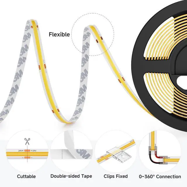 Alt view image 6 of 7 - FCOB COB LED Strip Warm White 3000K, UL Listed 480LED/m High Density Uniform Light, 16.4FT DC24V CRI 90+ 8mm Width Tape Light for Home Indoor DIY Lighting(No Adapter or Controller)