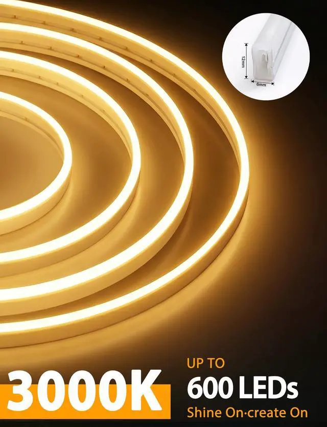 Alt view image 3 of 7 - LED Neon Lights, 12V Warm White Dimmable LED Strip Lights, 16.4ft/5m Waterproof LED Neon Rope Lights, Silicone 3000K Neon LED Strip for Bedroom Indoor Home Decor (Power Adapter Included)
