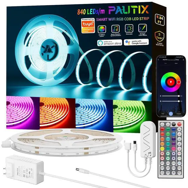 Main image of RGB COB LED Strip Light 9.84ft/3m,UL Listed 840LEDs/m 24V Color Changing Strip Light,Work with Alexa/Google Assistant/Tuya Multicolor Flexible Tape Light,for TV,Bedroom,Party DIY Decoration